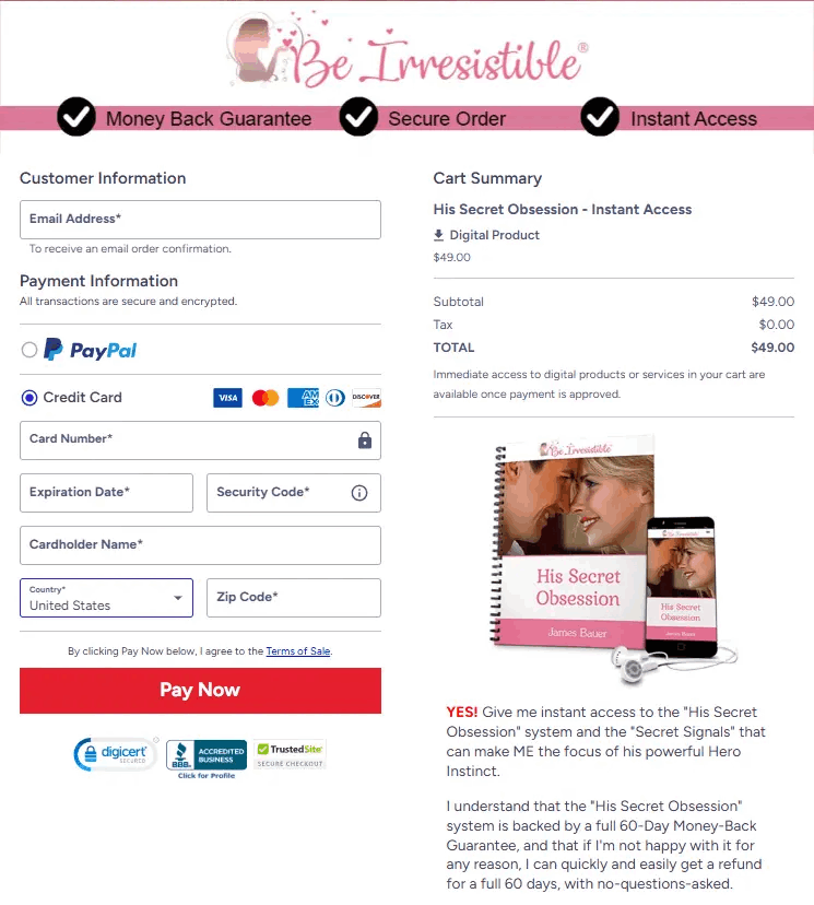 His Secret Obsession secure checkout page — SSL protected
